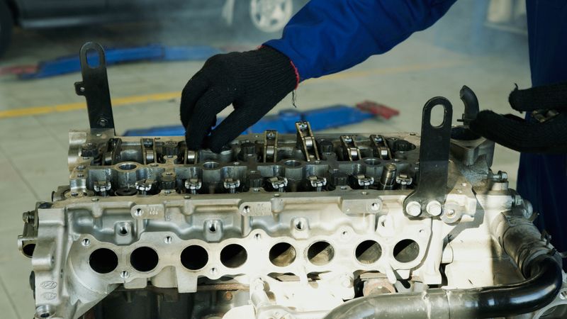 Gloved hand on a cylinder head with the injector ports exposed.