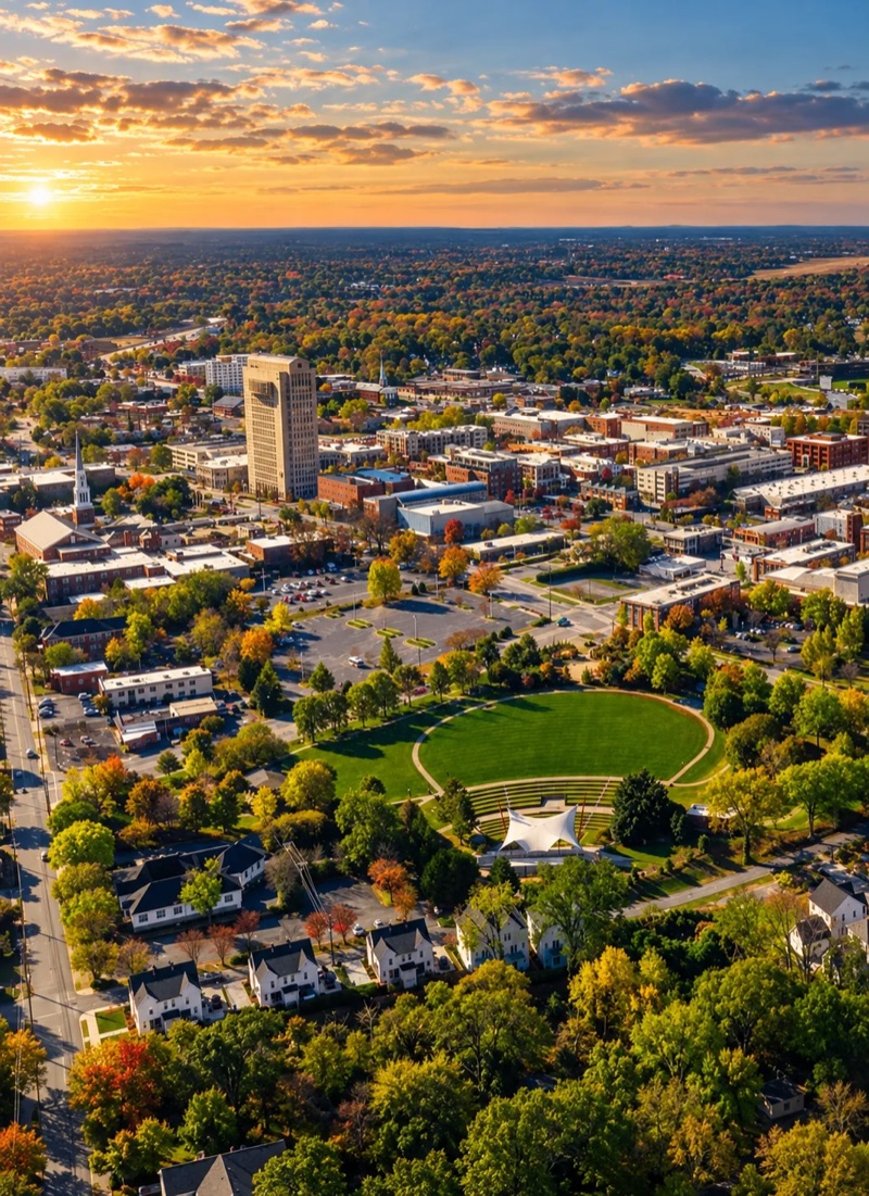 Aerial view of downtown Spartanburg at sunset in the fall.